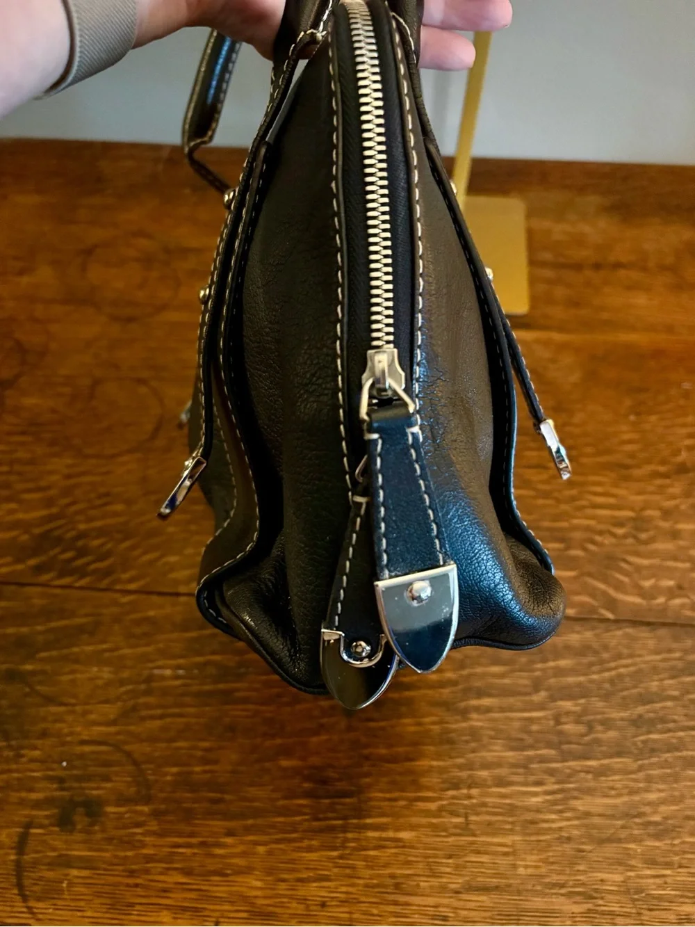 Bally Vintage Black Leather Lorri Satchel Bag Crest Medallion Contrast Stitch